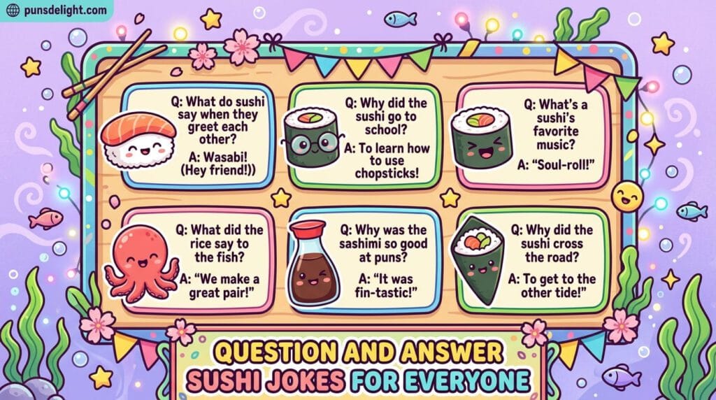 130+ Funny Sushi Jokes, Puns, Captions, and One-Liners 3 Question and Answer Sushi Jokes for Everyone