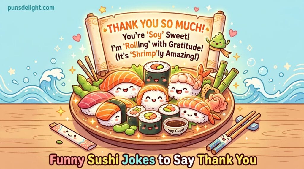 130+ Funny Sushi Jokes, Puns, Captions, and One-Liners 10 Funny Sushi Jokes to Say Thank You